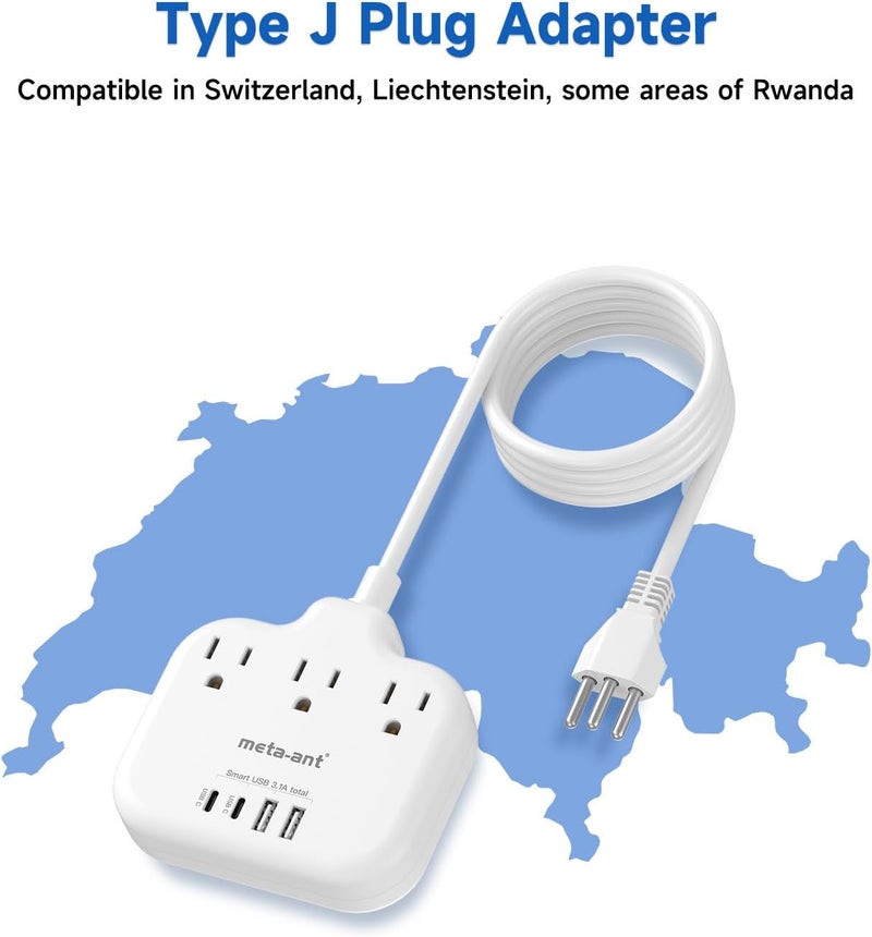 meta-ant Switzerland Travel Plug Adapter with 5FT Extension Cord, Type J Adapter with 3 Outlets 4 USB Ports(2 USB-C), Switzerland Power Adapter for US to Swiss Switzerland Liechtenstein Rwanda - Image 2